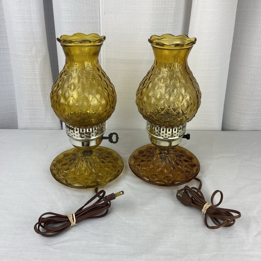 TWO Quilted Amber Glass Hurricane Bedside Vanity Table Electric Lamp